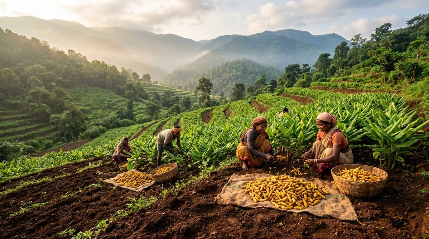 Freshly harvested organic Kandhamal turmeric rhizomes showing vibrant golden hue